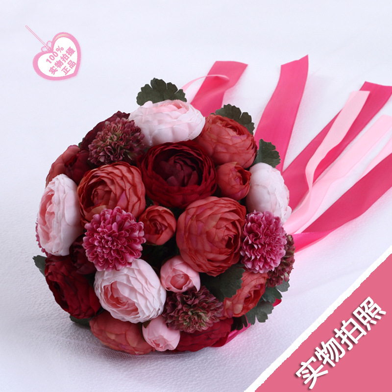 Claret Yang Peony Hand tied bouquet Korean bride Hand tied bouquet wedding Bouquet marry Flower ball wedding shot prop