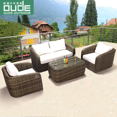 欧德户外直销出口藤椅子沙发套装露天阳台庭院编藤沙发茶几pe仿藤|ms