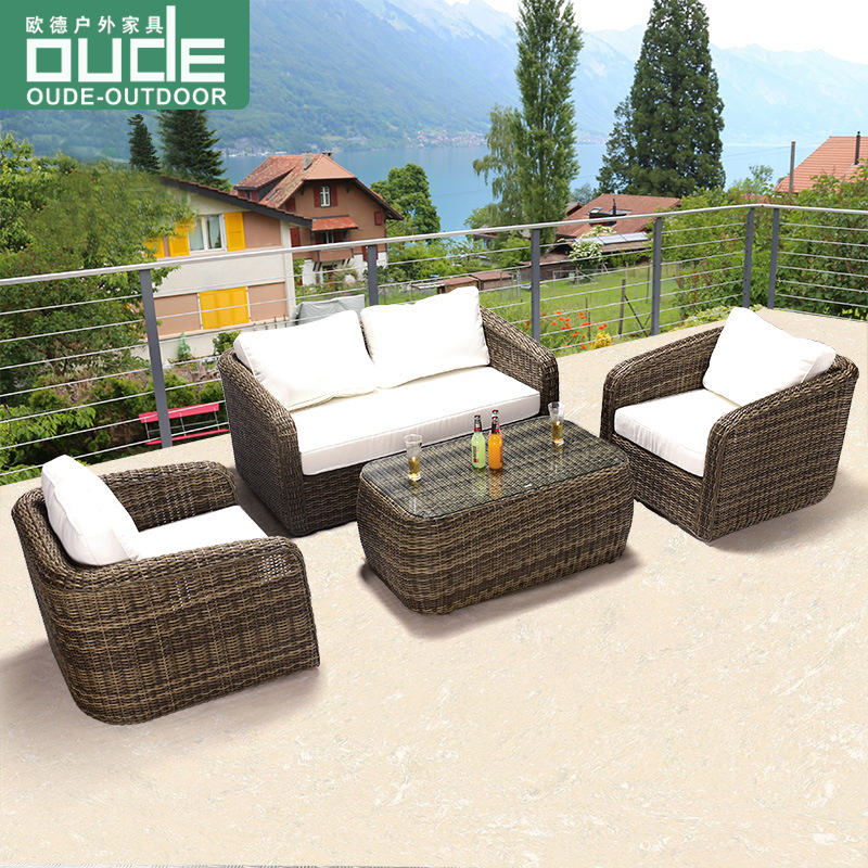 欧德户外直销出口藤椅子沙发套装露天阳台庭院编藤沙发茶几pe仿藤|ms