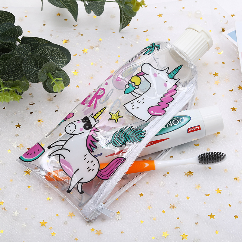 Unicorn transparente PVC pluma bolsa de dibujos animados creativo unicornio dentífrico papelería estudiante bolsa de almacenamiento estuchero desde detail image 15