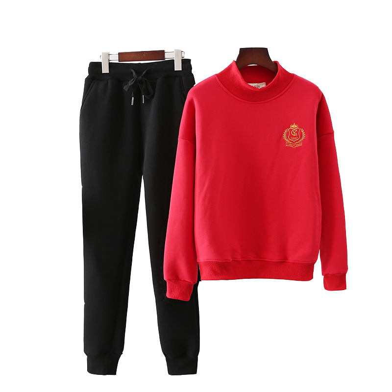 Women's Clothing Lambskin Thickened Sweater Two piece Set Women's Winter Large Size Loose Plush Pullover Casual Half Turtleneck Wool Sports Suit_voghion.com