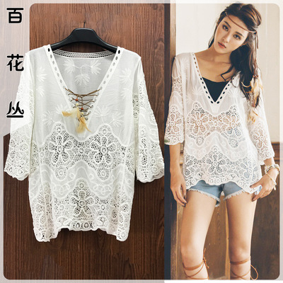 春夏季時尚氣質海邊度假沙灘蕾絲衫罩衫薄百搭镂空防曬衣外搭小衫
