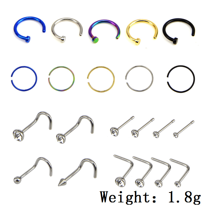 厂家22个穿刺混合套装不锈钢鼻钉鼻圈弯鼻钉C型鼻环7字形鼻钉
