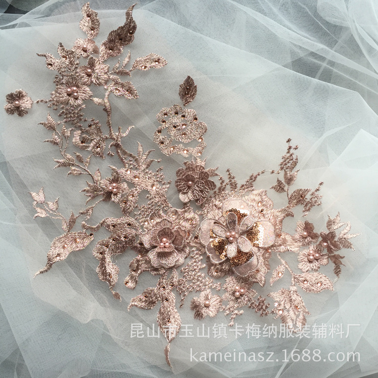 Poliéster bordado de seda macaron negro oro azul con cuentas de diamantes de imitación tridimensional encaje flor pegatinas bordado flor parche