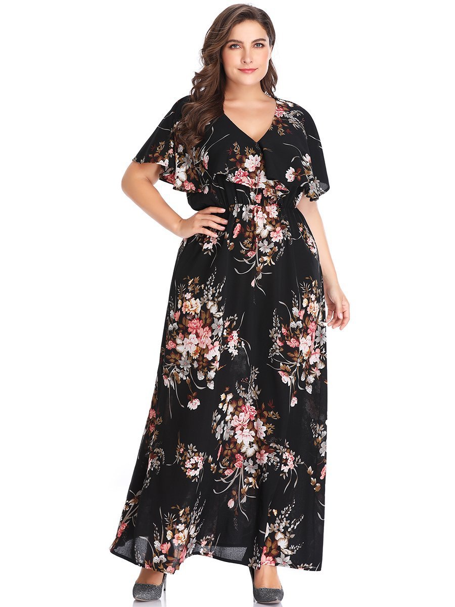 HY8635#大码女装印花短袖收腰连衣裙跨境亚马逊外贸气质长裙|ms