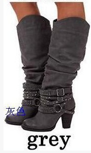 ebay外贸大码褶皱女靴40-43皮带扣铆钉粗跟高筒靴wish骑士靴