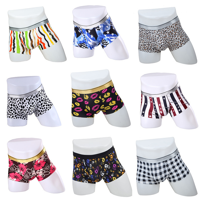 Men's Seamless Boxer Underwear Ice Silk Summer Sexy Printed Mid-Waist Breathable Ultra-Thin Four-Corner Shorts Youth Trendy