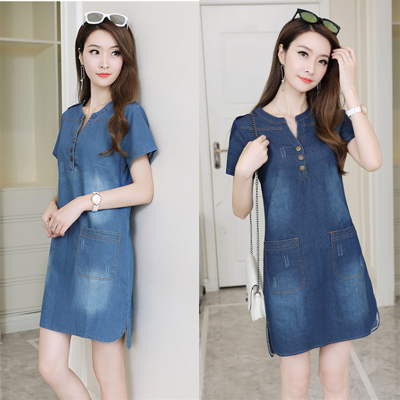 2020 spring and summer large size women's fat mm casual long denim dress woman tide