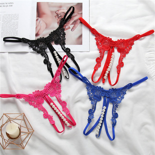 Sexy Fashion Embroidered Underwear Women's Transparent Temptation Hollow Pearl Massage Open Thong Low Waist T-pants