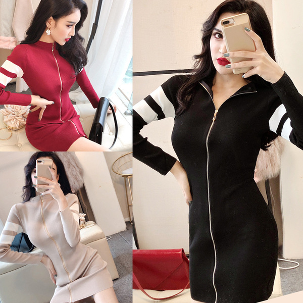 Zipper Decoration Slim Fit Wrap Hip Dress