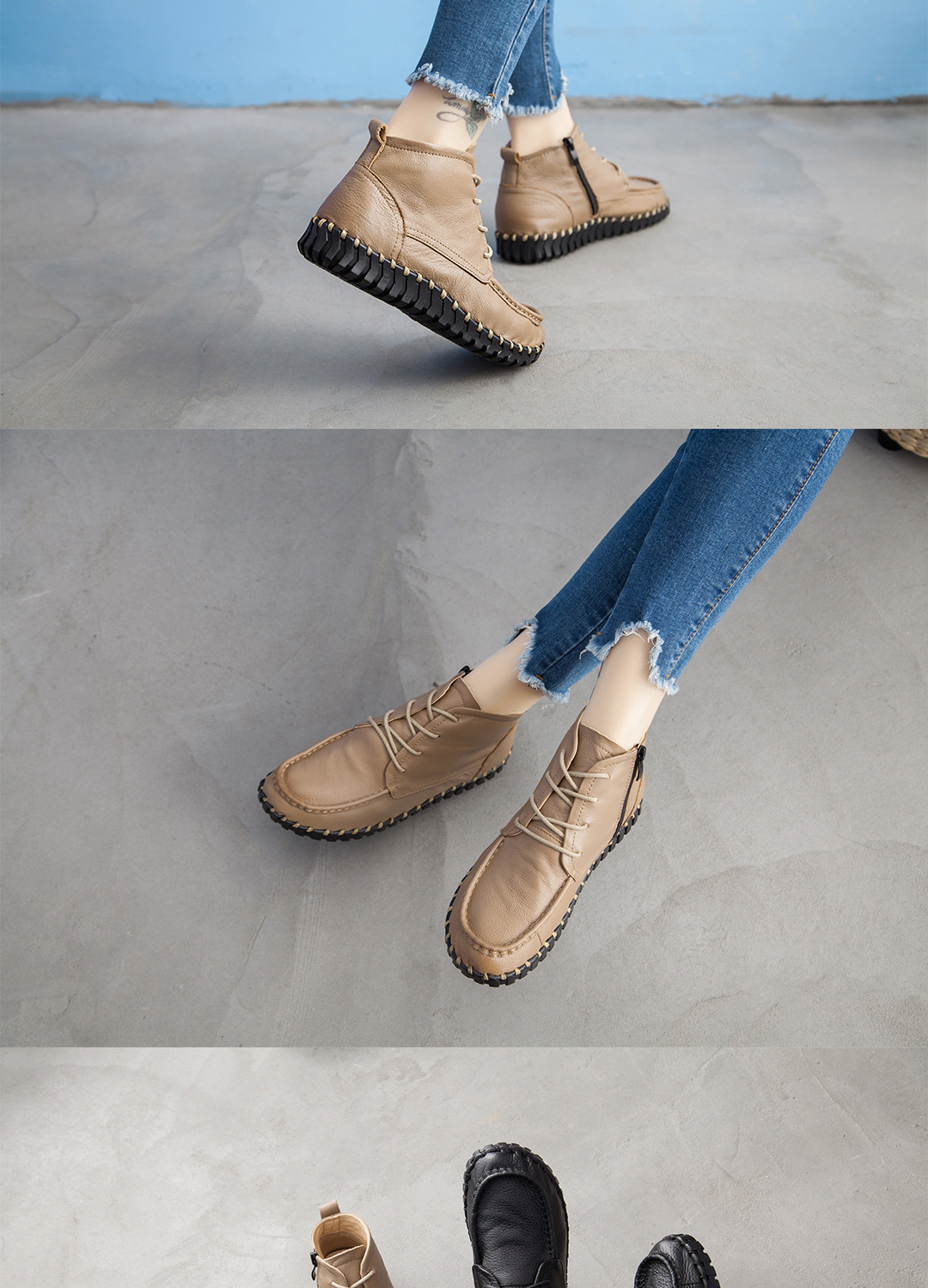 ShoeVault Xinrui 2023 Autumn Winter New Retro Short Soft Sole Comfortable Genuine Leather Flat Casual Single Boots Cotton Shoes_voghion.com