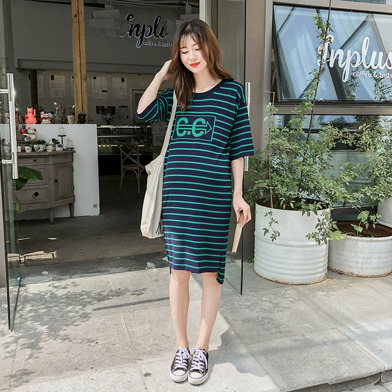 2018 новое летнее платье для беременных в Корейском стиле платье для беременных из ледяного шелка средней длины плюс размер платье для беременных мода с короткими рукавами