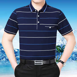 2019正品牌桑蚕丝T恤男短袖夏季商务休闲宽松中年真丝条纹爸爸装