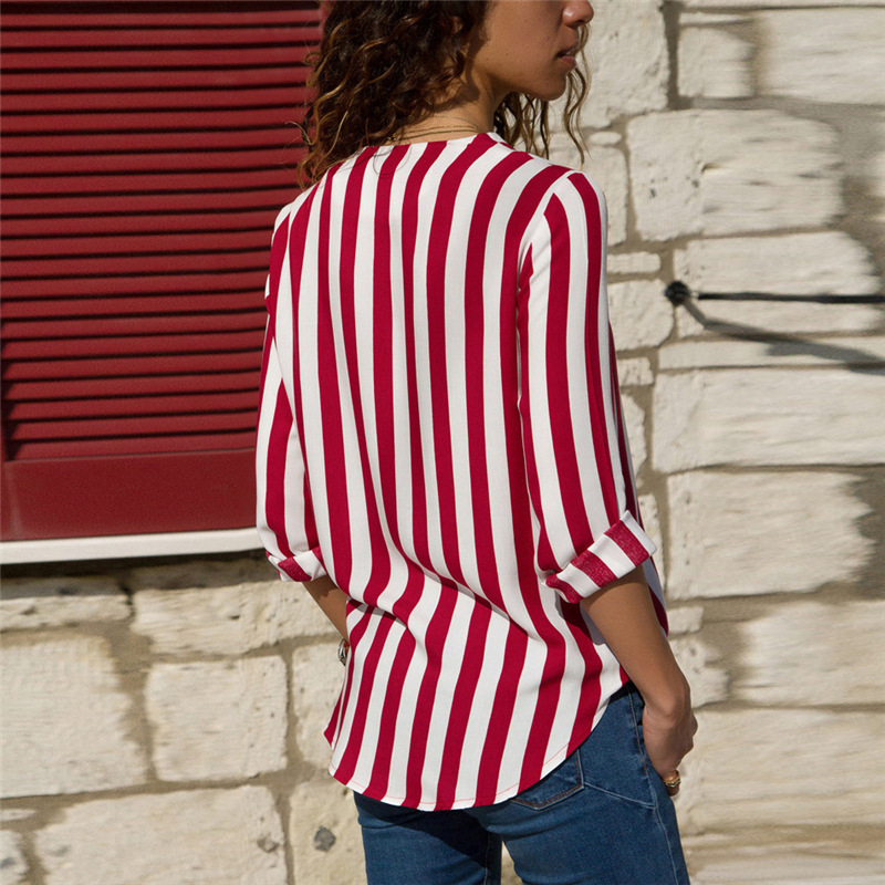 Casual V-Neck Striped Chiffon Long Sleeve Shirt NSGE35064