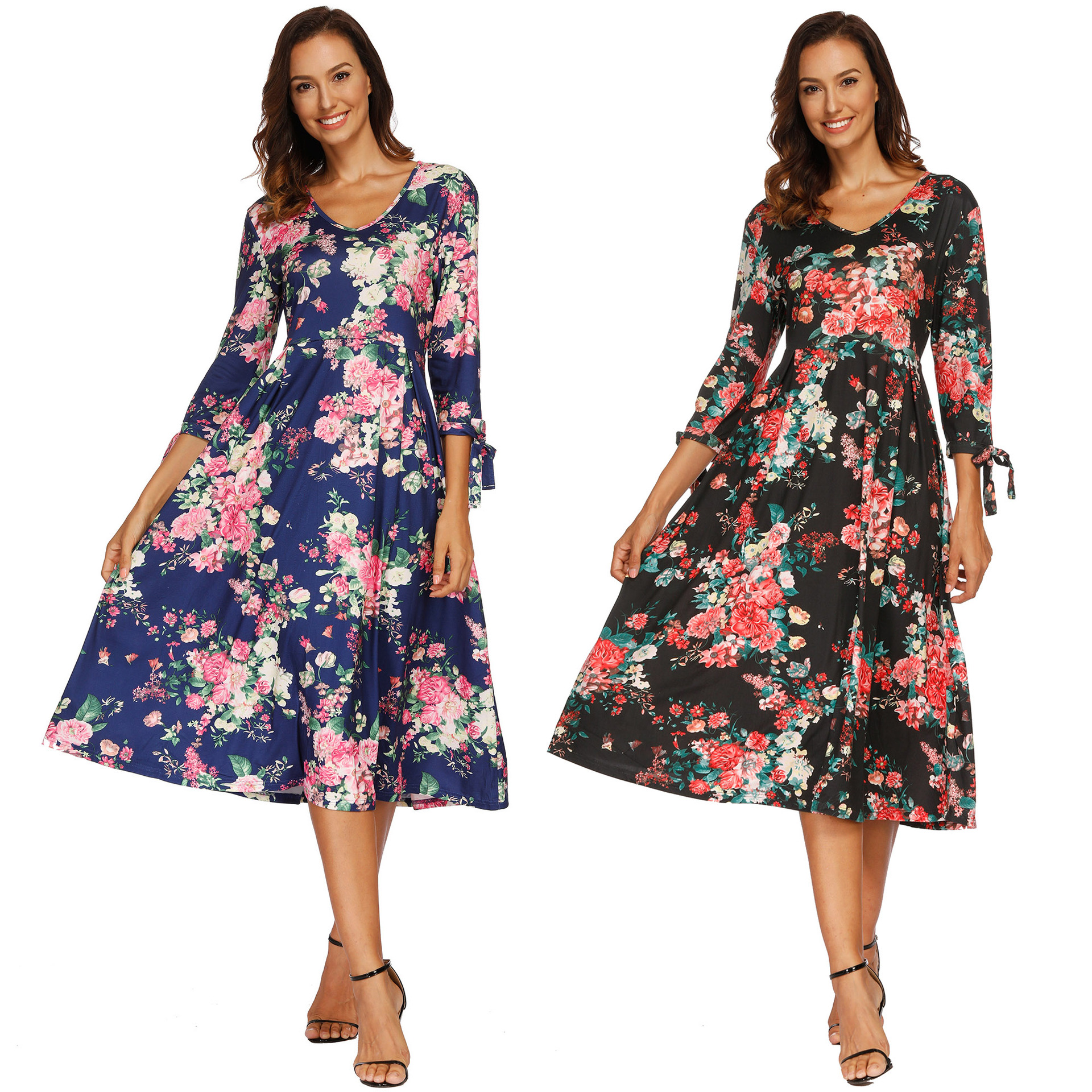 Floral Print Maxi Dress V Neck Three Quarter Sleeve Autumn Winter Style Wholesale Womens Fashion Dress