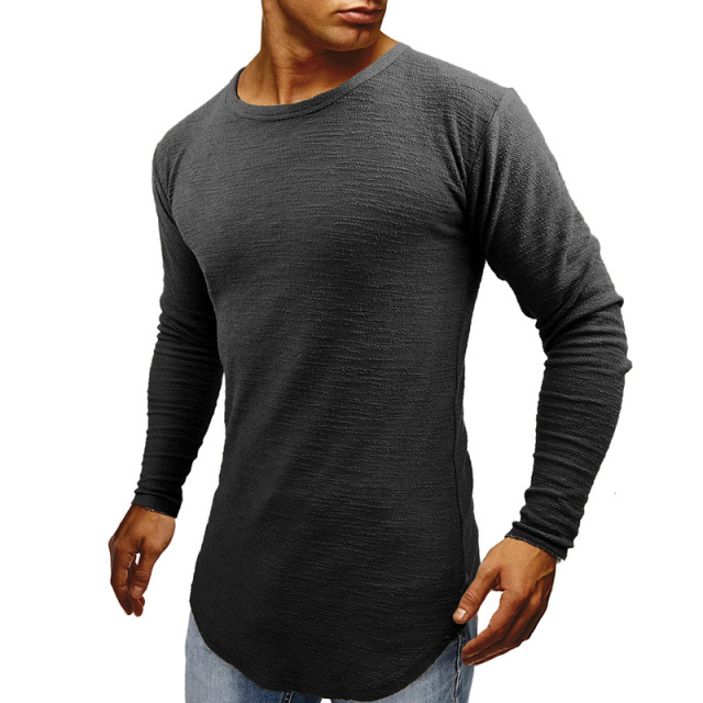 Men’s slim long sleeve top round neck arc hem long sleeve T-shirt