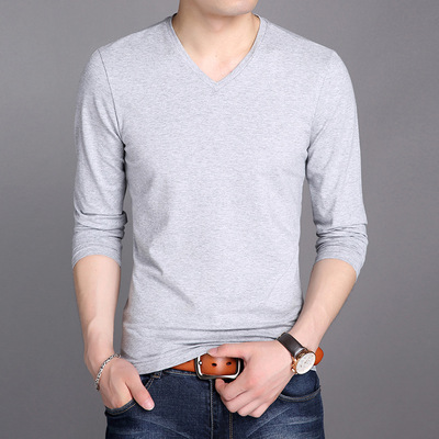 According to Seoul Spring and autumn season Men's new pattern Solid V-neck 95% Cotton T-Shirt Youth leisure time Easy Versatile men's wear