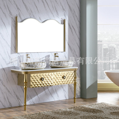 Manufactor customized High-end golden Double basin Wash station 304 stainless steel Bathroom cabinet Washbasin Floor cabinet