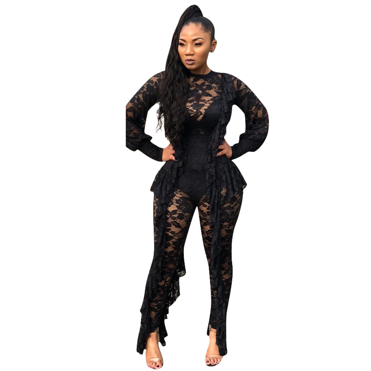 See-Through Lace Round Neck Long Sleeve Jumpsuit NSYDF110672