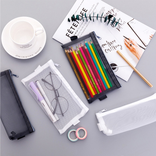 Korean creative simple transparent mesh pencil bag zipper stationery bag student exam portable large capacity pencil bag