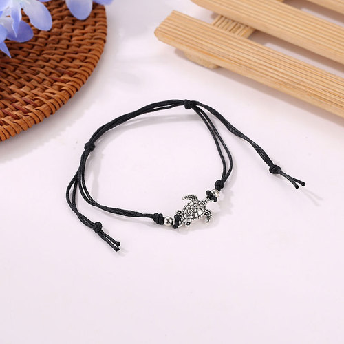 European and American cross-border new retro hemp rope turtle anklets hand-woven ancient silver turtle beach anklets wholesale