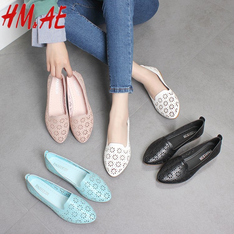 镂空單鞋女2018新款夏季透氣洞洞單鞋淺口休閑平底單鞋軟底豆豆鞋