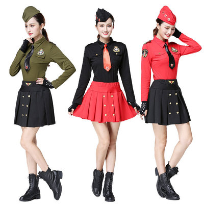 2018 Autumn sailor clothing Army green black skirt gules Long sleeve Square Dance Set pure cotton