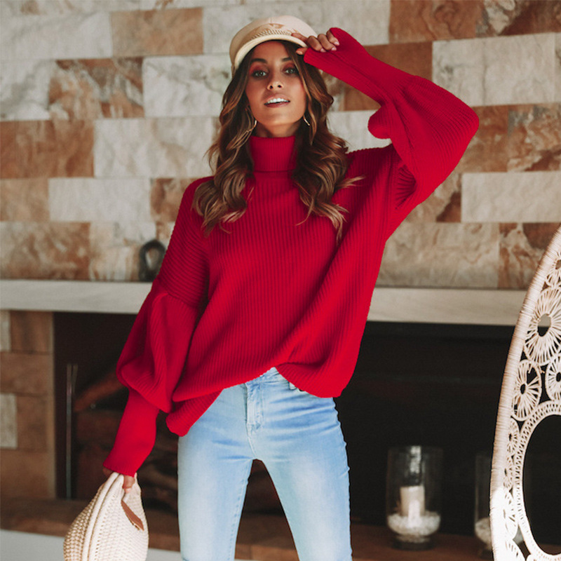 Turtleneck red winter sweater women knit Lantern sleeve white sweater female Loose oversized pullover knitted jumper