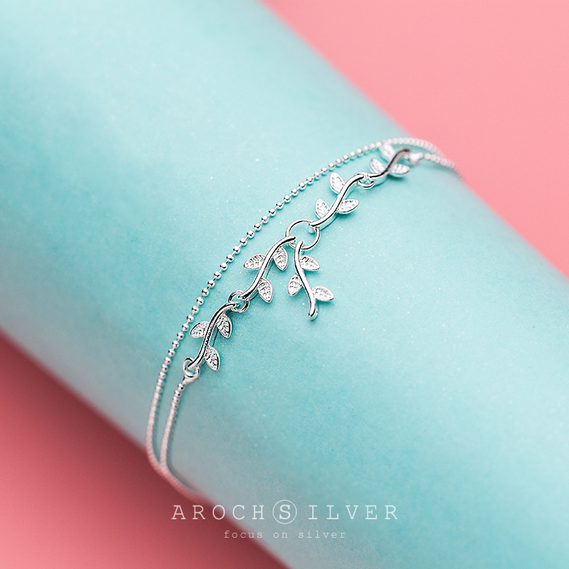 S925 plata mujer japonesa estilo coreano simple doble rama tocalera hojas artísticas joyas de pie dulce S2195