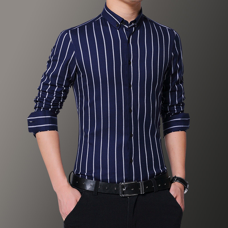 長袖襯衫男士秋季韓版修身潮流休閑條紋襯衣青年職業簡約百搭寸衫