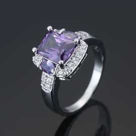 亚马逊紫色方形锆石戒指个性铜材质镶钻饰品女气质小众戒指现货