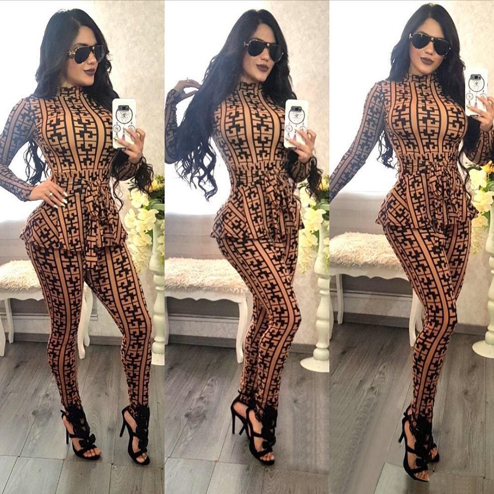 Plaid Print Bodycon Jumpsuit Women Turtleneck Long Sleeve Peplum One Piece Overalls Skinny Party Casual Romper Catsuit Sashes