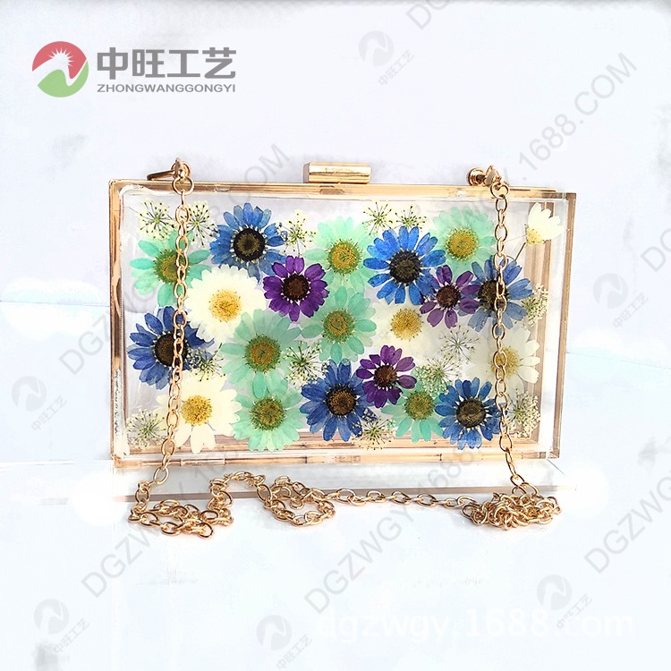 欧美方形亚克力女包 原创手工滴胶干花晚宴包 透明宴会斜款包