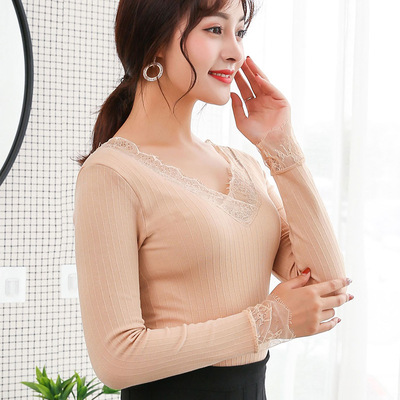 Plush thickening Self cultivation shape Body lady Base coat Underwear V-neck Lace Thermal Underwear