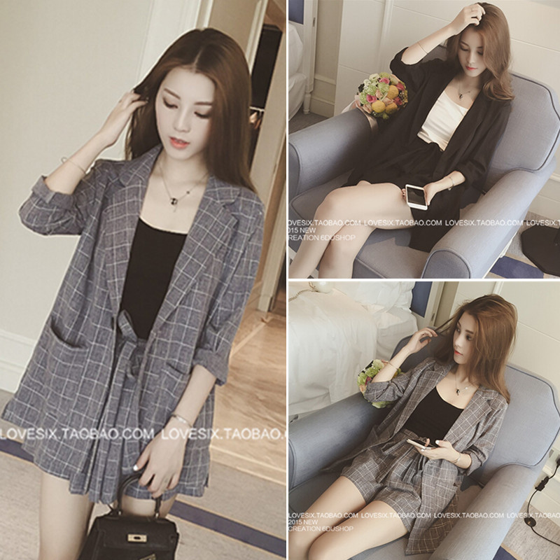 1688 Spring New Korean Style Women's Nine-Quarter Sleeve Plaid Suit Thin Jacket with Elastic Waist Shorts Three-Piece Suit