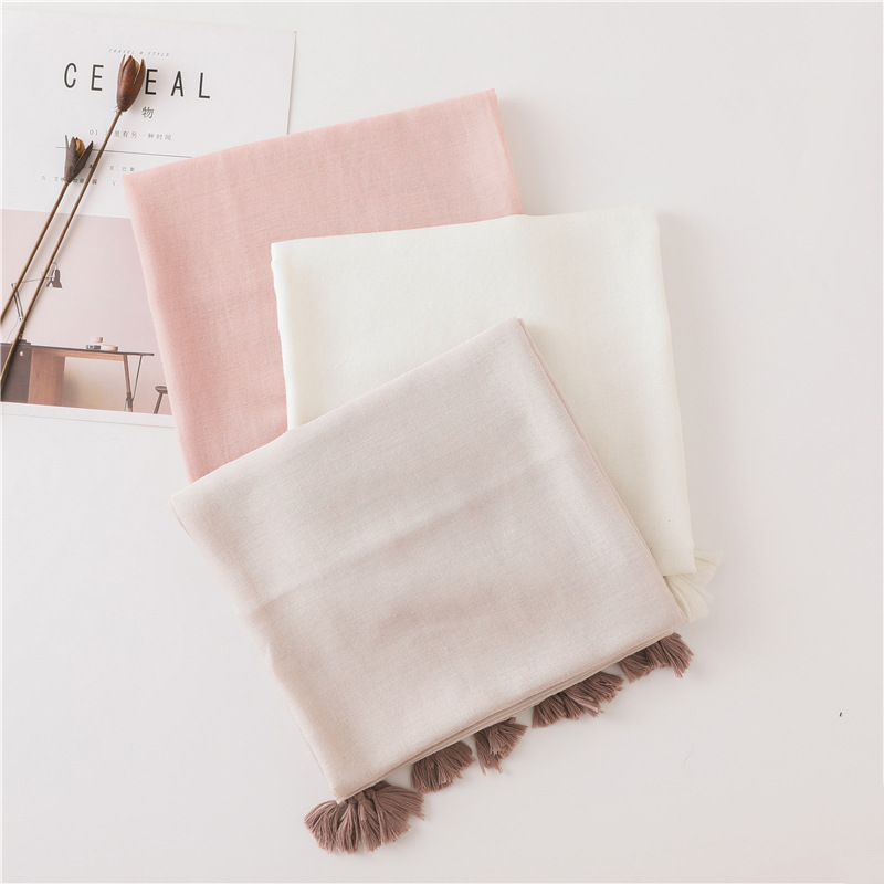 Solid Color Nude Powder Shiny Tassel Cotton Linen Scarf Shawl Long Scarf Silk Sunscreen Shawl display picture 19