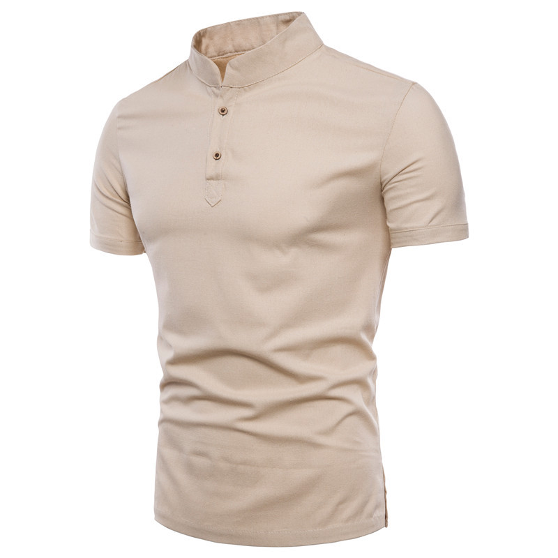 Men's Solid Color Cotton And Linen Stand Collar Casual T-shirt