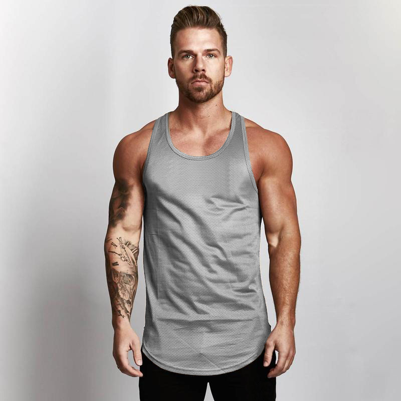 En blanco de malla slim fit fitness chaleco hombres europeos y americanos arco dobladillo deportes gimnasio base transpirable de secado rápido chaleco image 8