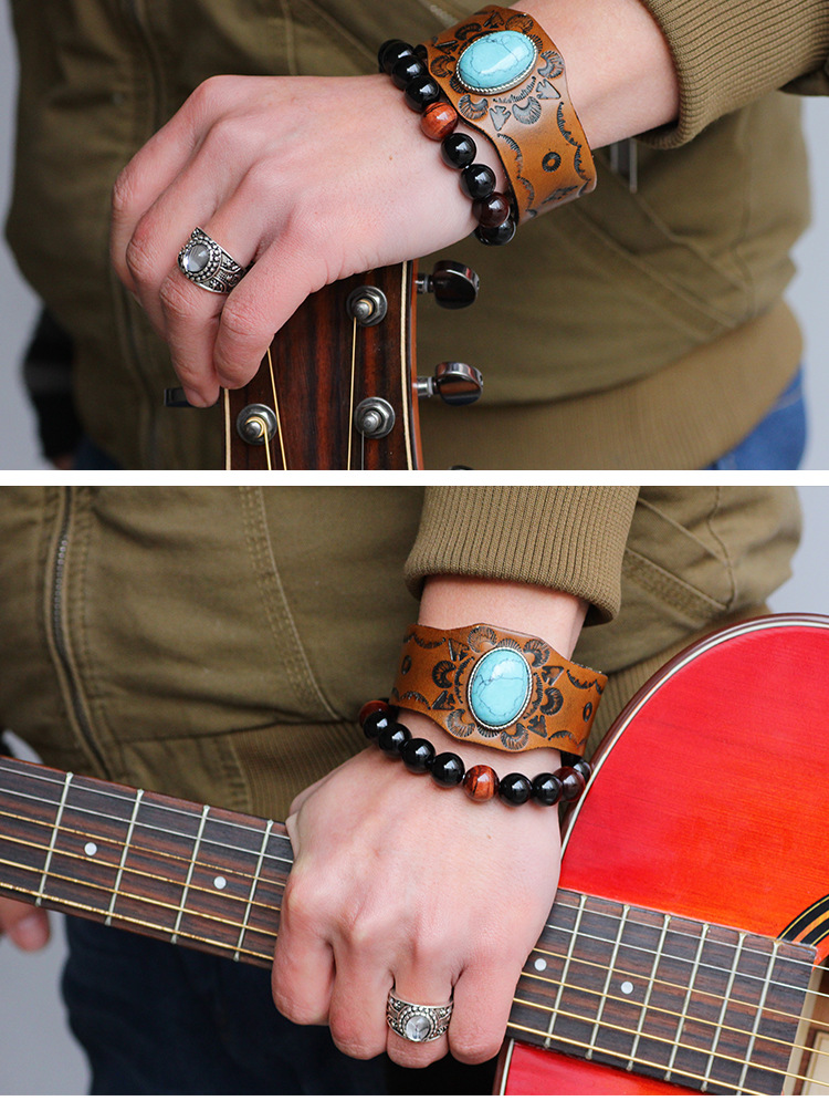 Men's Gender Inlay Design Ethnic Style Flower Inlay Artificial Gemstones Men's Bracelets Men Cord & Leather Bracelets