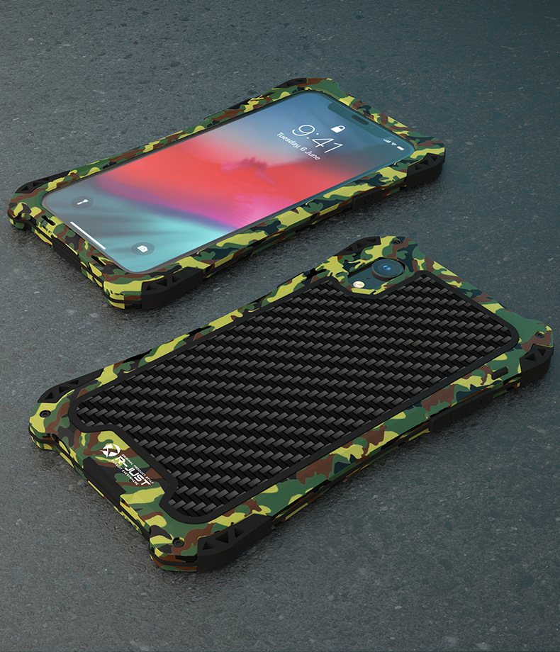 R-Just Amira Heavy Duty Dirtproof Shockproof Rainproof Aluminum Metal Bumper Carbon Fiber Back Cover Case for Apple iPhone XS Max & iPhone XR & iPhone XS