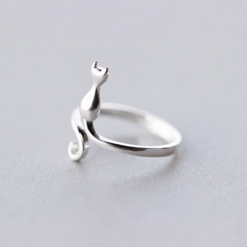 925 Silver Plated Cat Ring for Women - Korean Version, Forest System Sweet Little Cat Open Ring Finger Ring for Girls