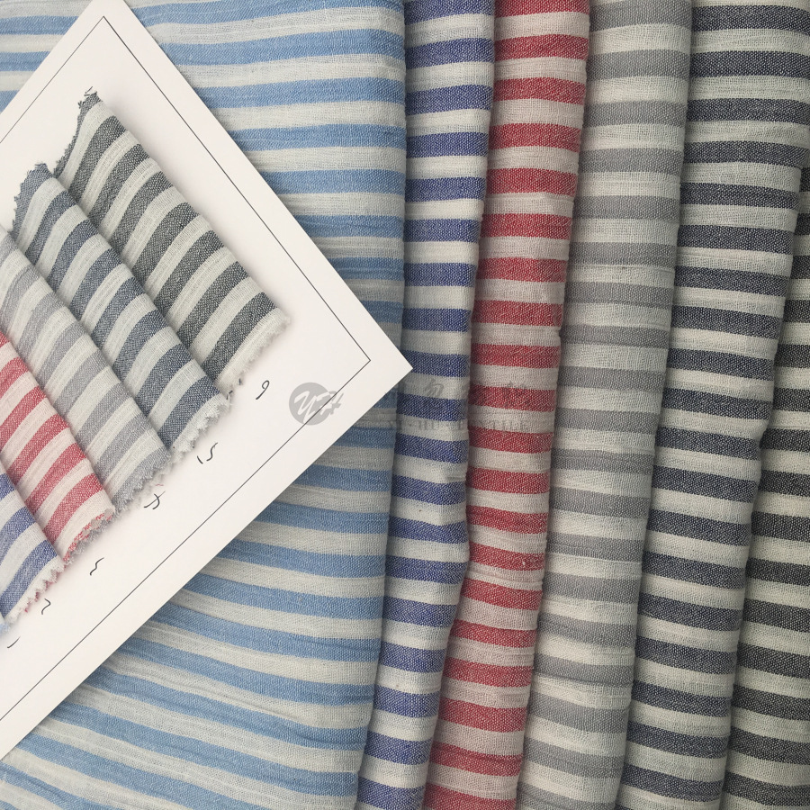 现货供应 全棉色织条子 男女通用衬衫休闲服装 绉布条纹面料 批发