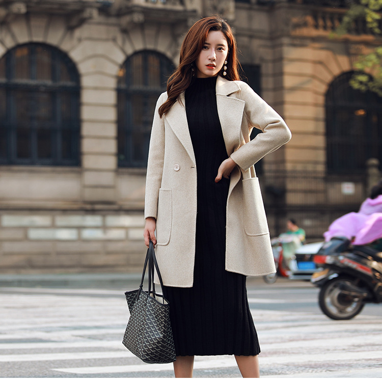 厂家直销秋冬新款混色双面呢大衣欧美气质英伦双面羊绒大衣女2018