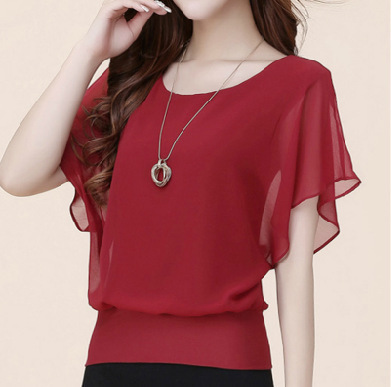 夏季新款时尚女短袖T恤 大码女装显瘦蝙蝠袖雪纺衫宽松上衣