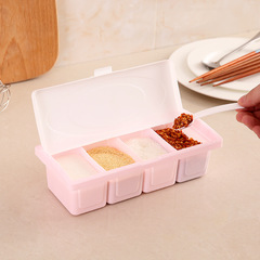 Creative Kitchen Condiment Box Plastic Four-Grid with Spoon Condiment Box Sugar Flap Storage Box Bottle Salt Can