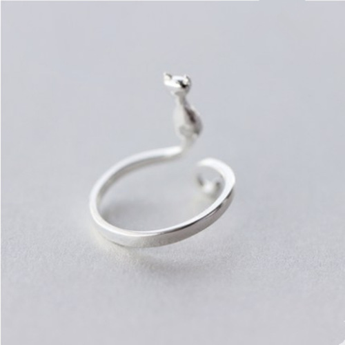 925 Silver Plated Cat Ring for Women - Korean Version, Forest System Sweet Little Cat Open Ring Finger Ring for Girls