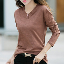 秋新款棉紫色t恤女长袖大码宽松纯色竹节棉上衣打底衫 一件代发