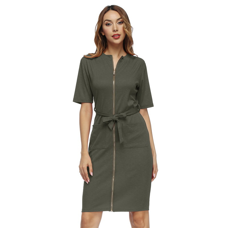 Short Sleeve Zipper Dress Waist Tie Slim Fit Double Pockets Spring Summer Fashion Wholesale Available