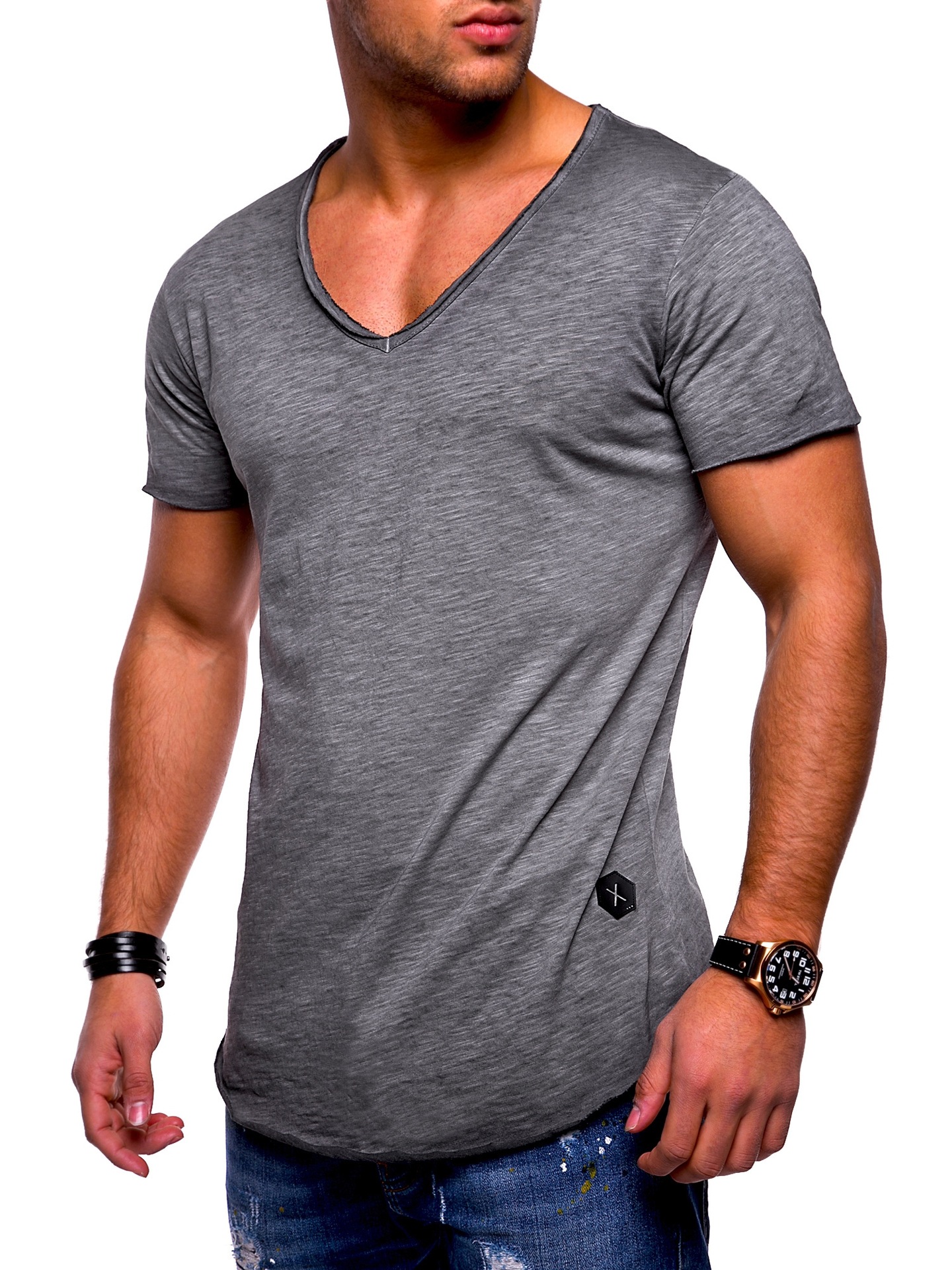 Men T-shirts Deep Neck Short Sleeve Slim Fit Basic Tees Summer T Shirt Tops Tee