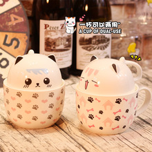 情侶粉色一對馬克杯帶蓋勺杯子可愛超萌陶瓷粉色學生女杯蓋子陶瓷